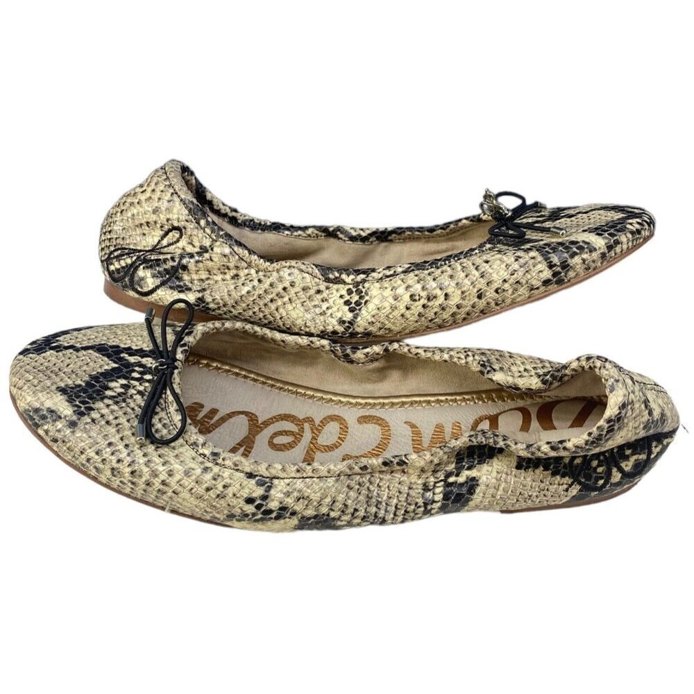 SAM EDELMAN Women Flats Size 8.5 Cream Felicia Black Snake Print Slip On Ballet